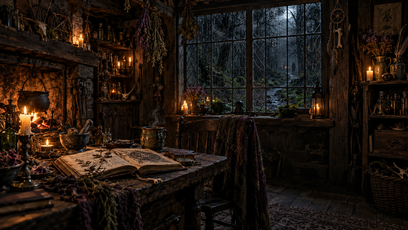 A candlelit witch’s cottage overlooking a rain-soaked forest path at night.