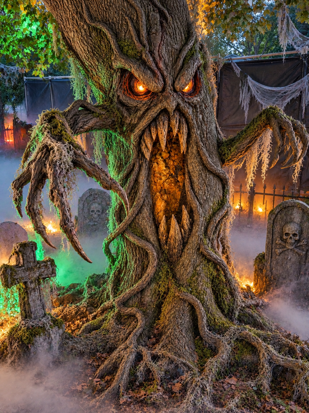 Tree Monster concept artwork: a snarling tree with glowing orange eyes, clawed branches, moss and webbing in a cemetery.