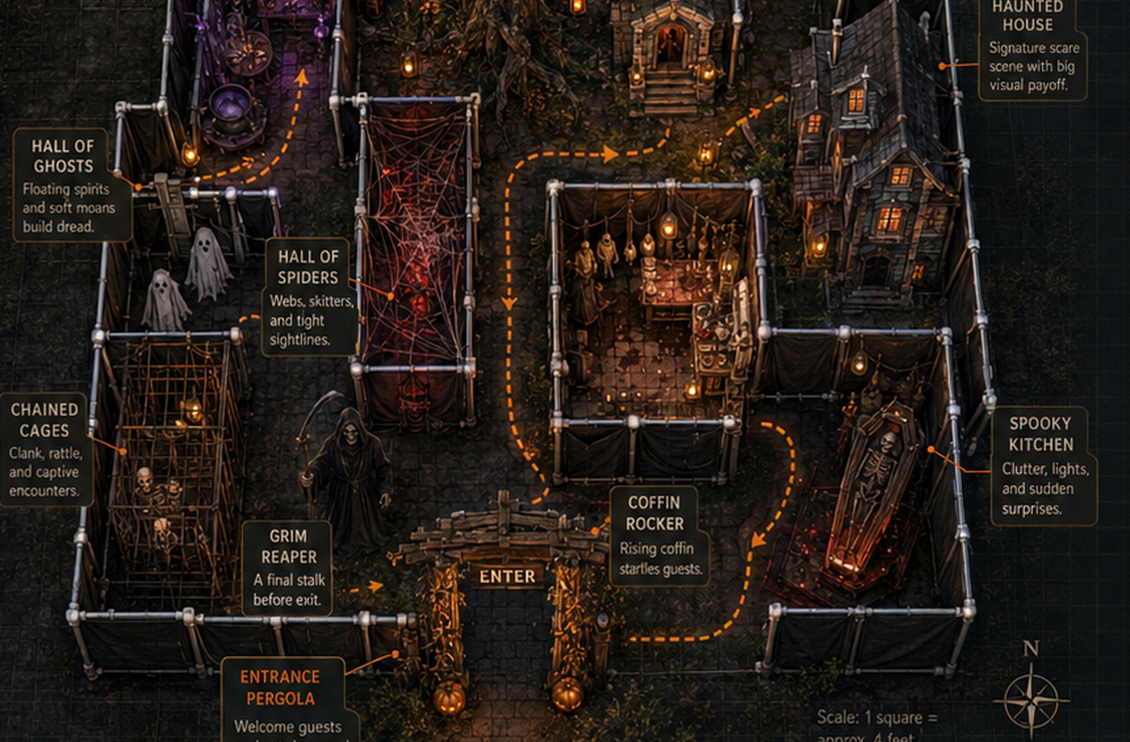 Visual haunt map with themed rooms