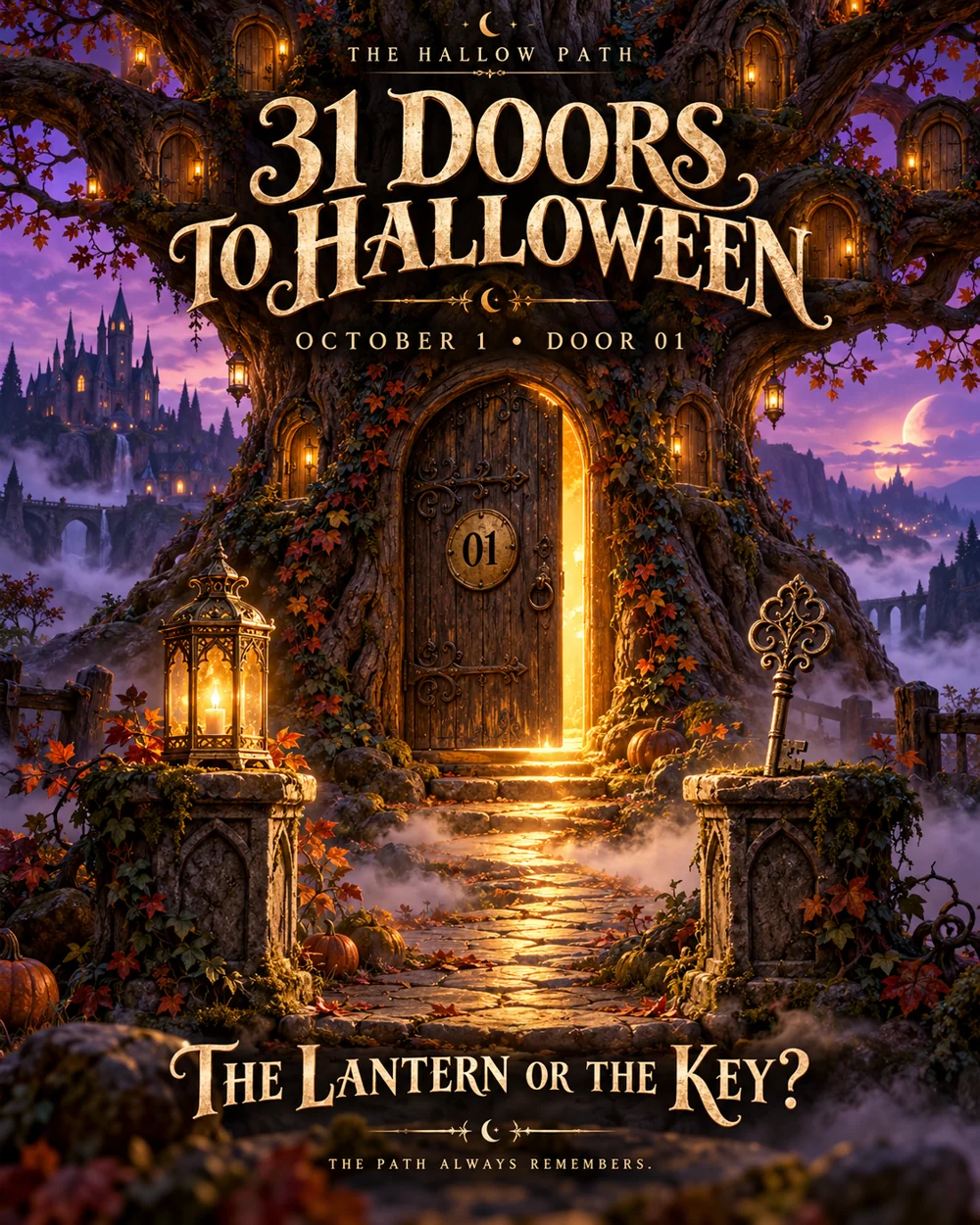 An ancient tree door glows between a lantern and an ornate key beneath a violet sky
