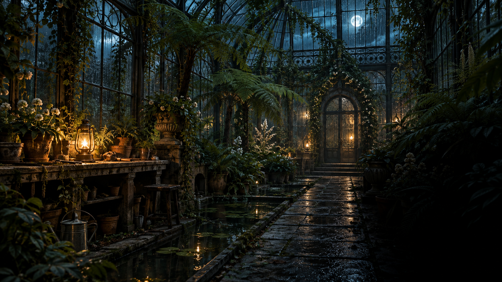 A moonlit Victorian greenhouse filled with ferns, rain-covered glass and warm lanterns.